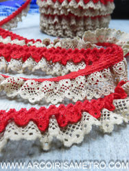 DOUBLE LACE RUFFLE  - 2.5 CM WIDE - RED / BEIGE