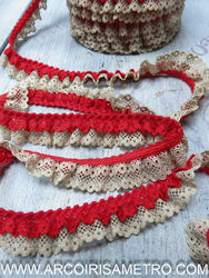 DOUBLE LACE RUFFLE  - 2.5 CM WIDE - RED / BEIGE