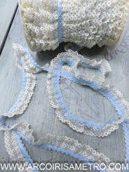 DOUBLE LACE RUFFLE  - 2.5 CM WIDE -BABY BLUE / OFF WHITE