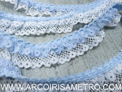 DOUBLE LACE RUFFLE  - 2.5 CM WIDE -BABY BLUE / WHITE